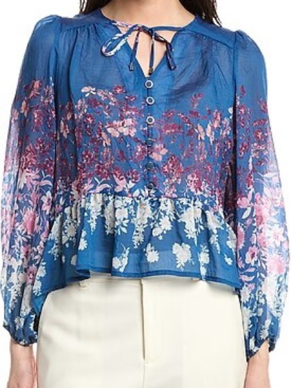 Tahari ASL Blue Floral Tie-Neck Peplum Blouse